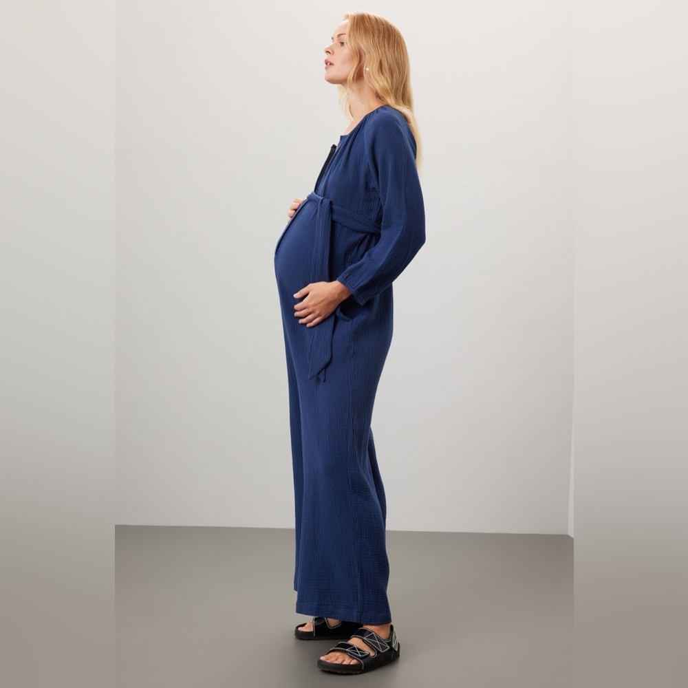NOM ($128 retail) Navy Blue Maternity Jumpsuit 100% cotton super soft size small - Picture 4 of 8